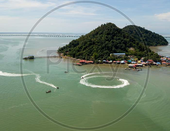 Aerial Water Boat Move At Pulau Aman