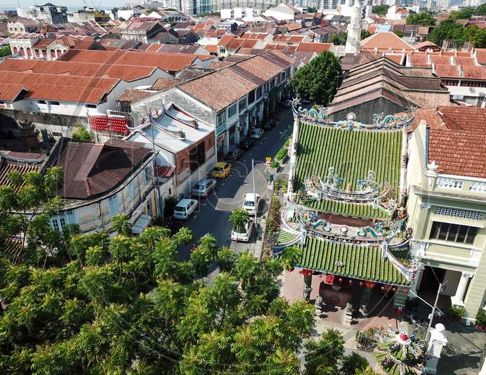 Aerial Look Down Yap Kongsi Temple With Street