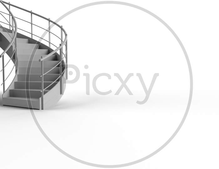 3D Render Model Of A Set Of Metallic Spiral Stairs In White Background With Space For Text