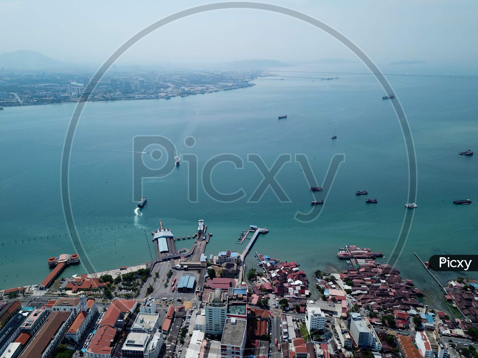 Aerial View Two Ferry Move At Penang Sea