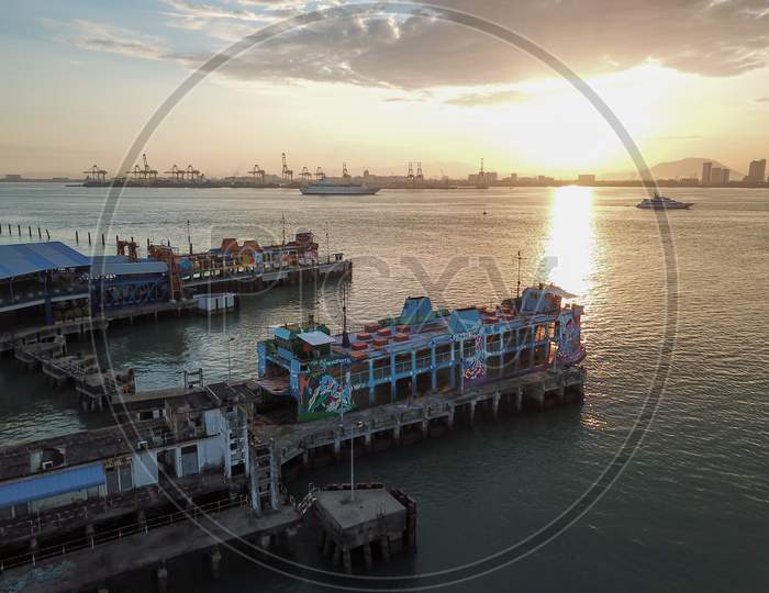 Aerial View Ferry At Terminal Penang In Morning
