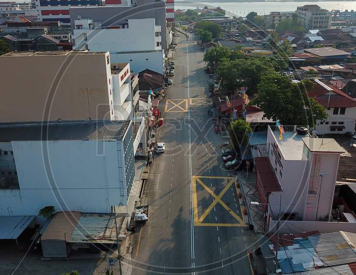 Aerial View Less Car Move At Pengkalan Weld During Pandemic (Covid-19).
