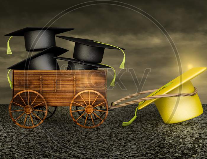 Golden Graduation Hat Dragging A Farm Cart Of Others Graduation Hats On Asphalt In A Sunset Day. Congratulate The Graduates Or Education Congratulation Or Academic Freedom Concept. 3D Illustration