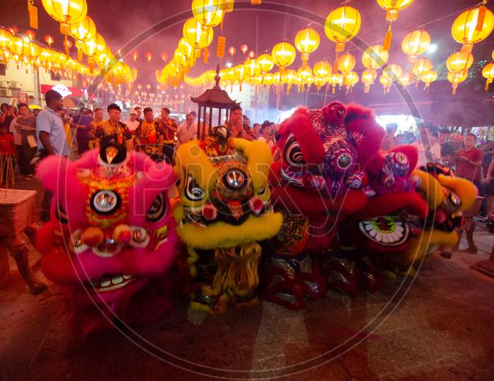 Lion Dance Performance At Goddess Of Mercy Temple During Chinese New Year