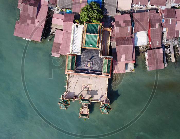 Aerial Look Down Hean Boo Thean Temple With Wooden House At Clan Jetty