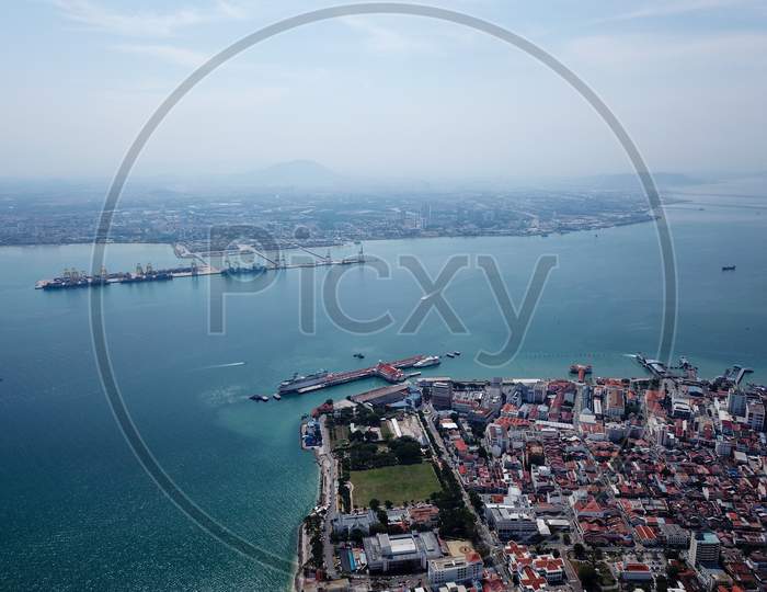 Aerial View Boat Move At Penang Sea