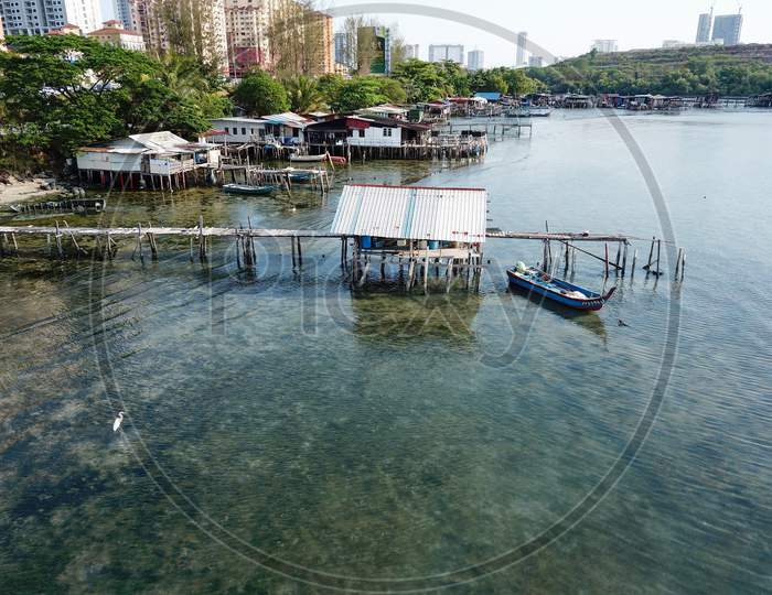 Aerial View Fishing Village At Jelutong