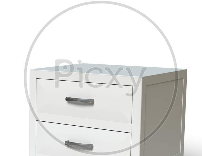 3D Render Model Of Modern Bedside Metallic White Chest Of Drawers In White Background