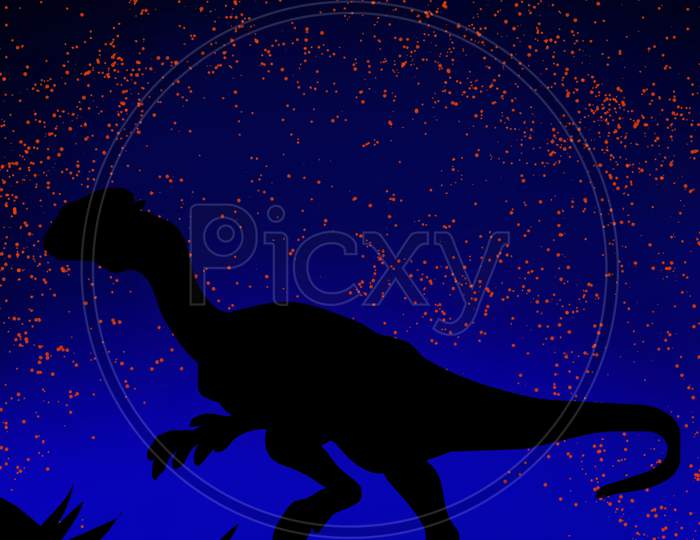 Illustration Silhouette Of Dinosaur With Stars On Blue Moon Light.