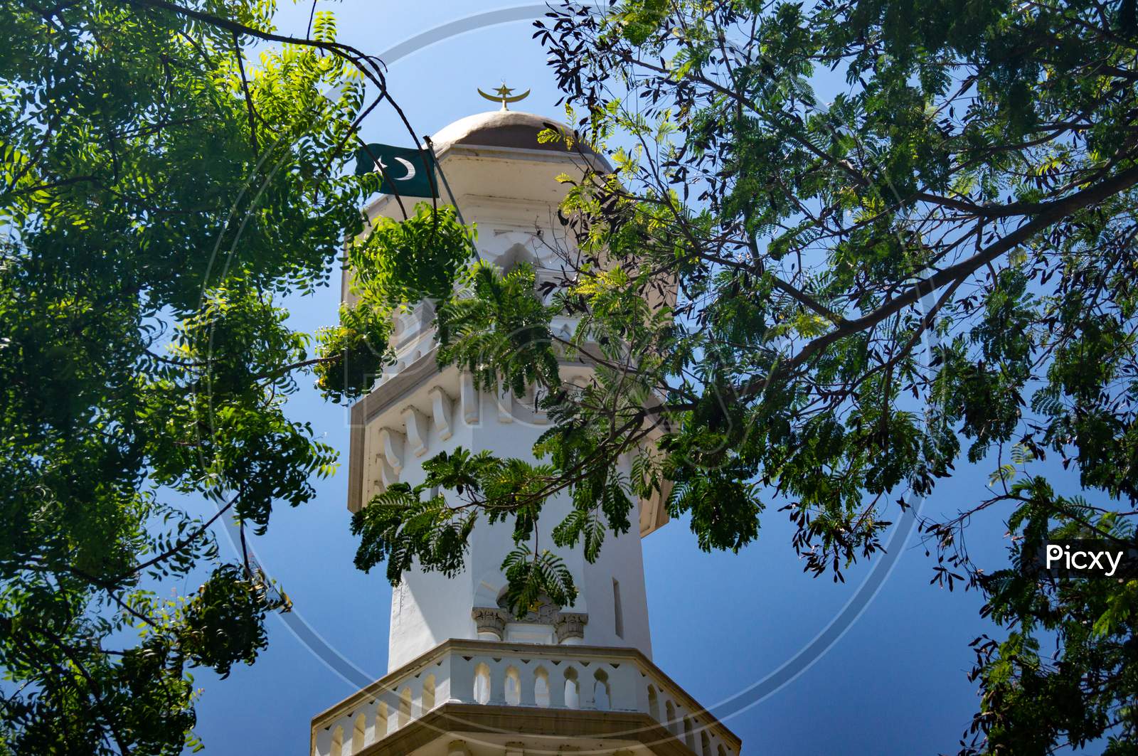 Minaret At Masjid Kapitan Keling With Green Leaves