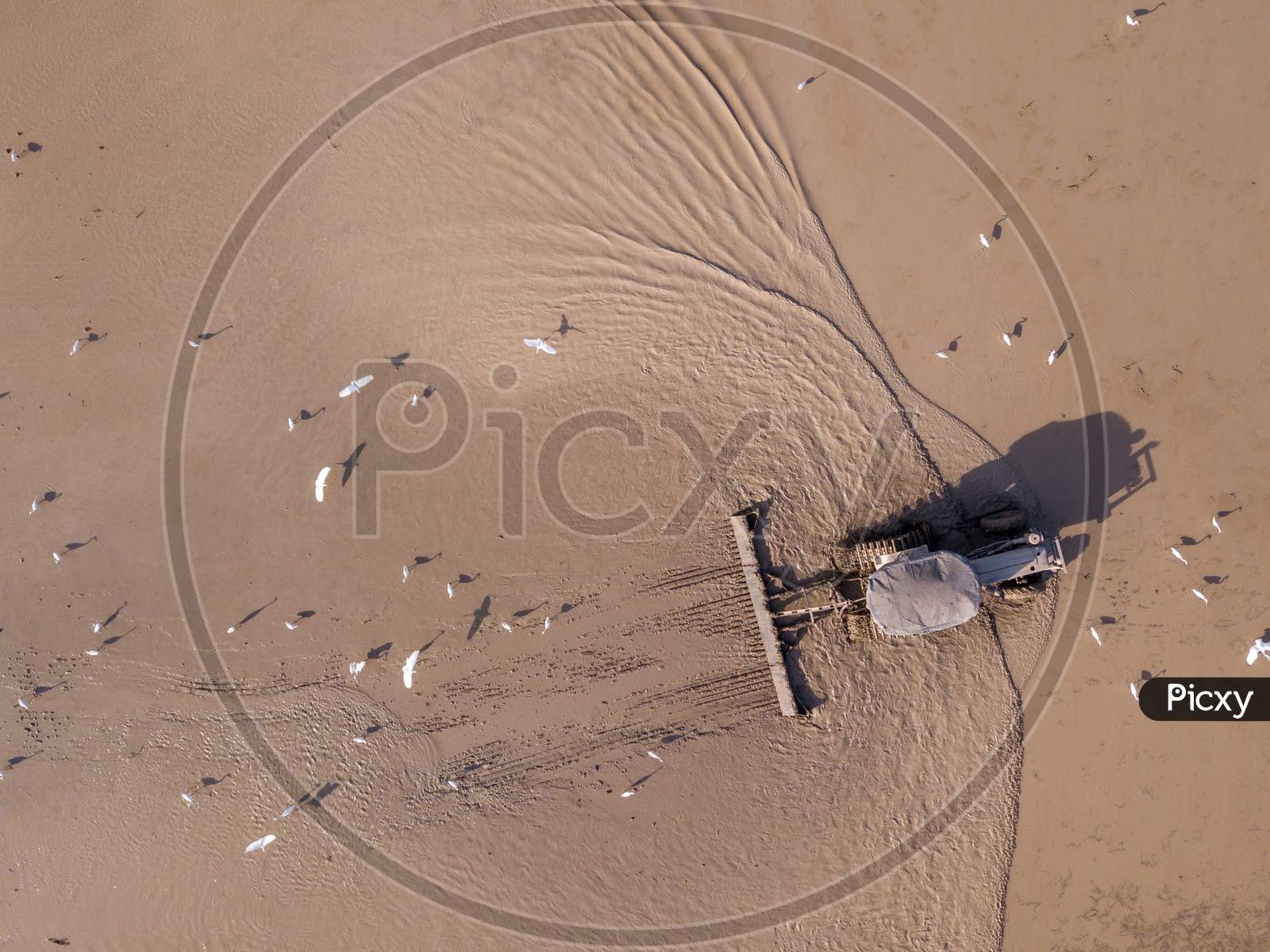 Aerial View Tractor Ploughing In Paddy Field