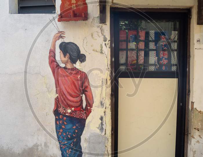 Mural A Chinese Lady Burn Joss Stick At Alley