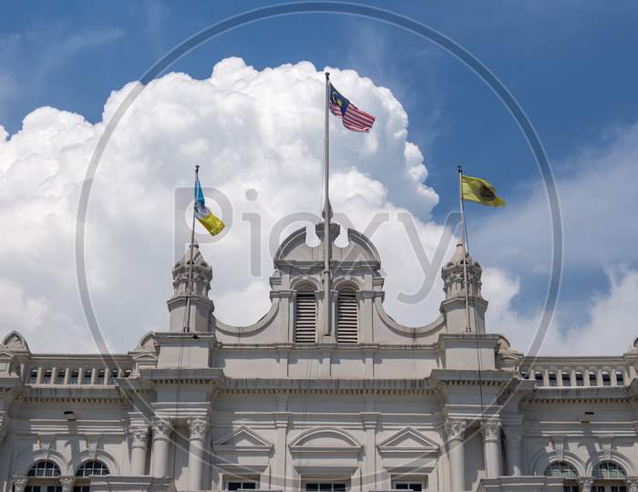 Detail Of Architecture City Hall With Malaysia And Penang Flag Waving