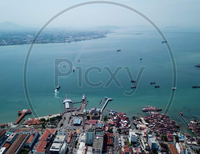 Aerial View Two Ferry Move At Penang Sea