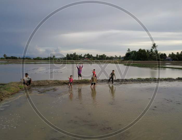 Aerial View Kampung Kids Play In Paddy Field