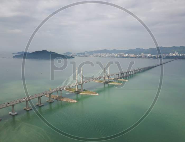 Aerial View Penang Bridge With Island At Background