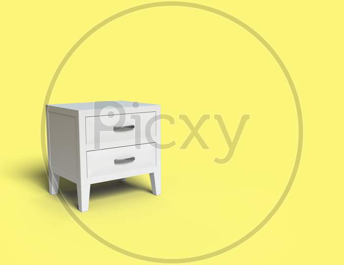3D Render Model Of Modern Bedside Metallic White Chest Of Drawers In Yellow Background