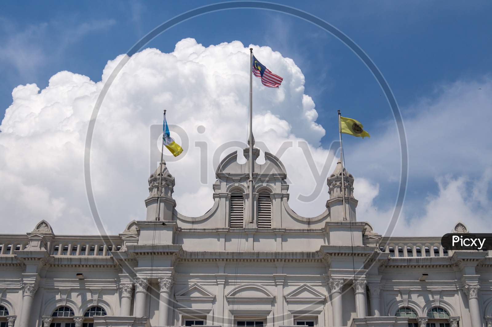 Detail Of Architecture City Hall With Malaysia And Penang Flag Waving