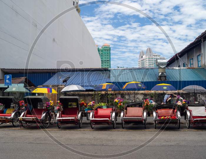 Rickshaw In A Row At Penang Road