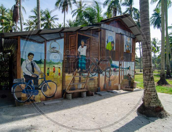 Malays Mural Art At Wooden Hut In Coconut Farm