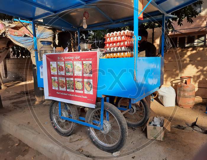 Closeup Of Roadside Veg And Non Veg Food Selling Cart Or Vehicle
