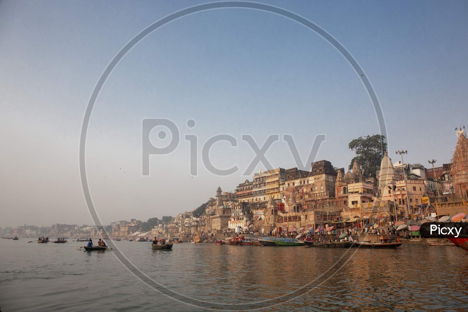 Varanasi India Ancient City Architecture Panoramic View At Sunset As Seen From A Boat On River Ganges