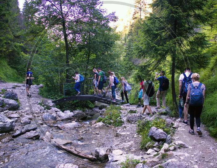 Bielsko Biala, South Poland - July 29, 2017: Bunch Of Young People Trekking Hiking In The Polish Beskidy Mountains Named Pieniny. People Crossing Bridge While Trekking In The Mountains