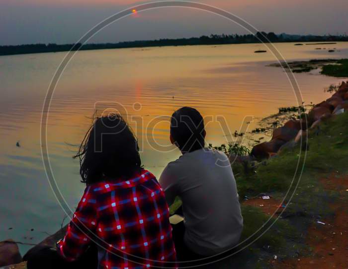 Sunset view with Friends near Hampi Lake, Karnataka