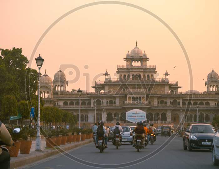 Road Filled With Traffic Leading To Albert Hall Museum Landmark In Jaipur A Famous Tourist Spot