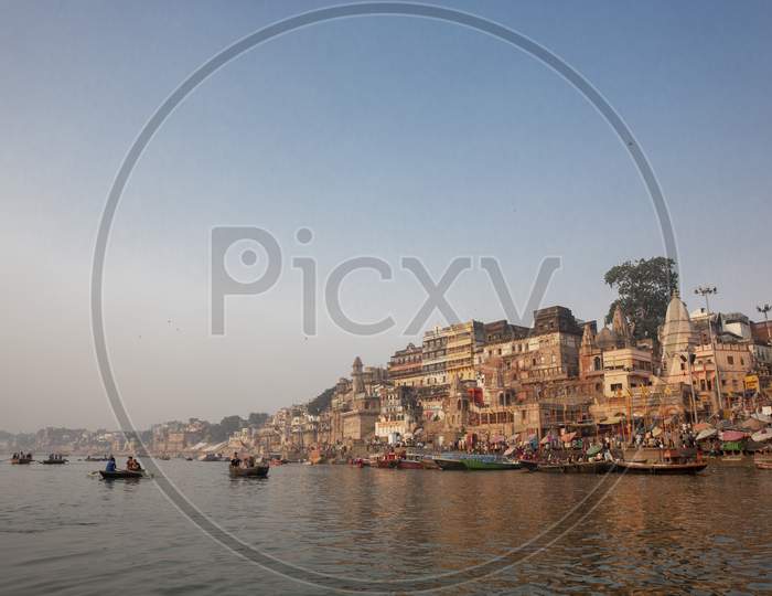 Varanasi India Ancient City Architecture Panoramic View At Sunset As Seen From A Boat On River Ganges