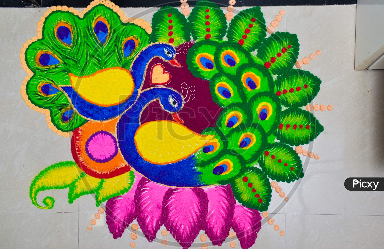 Image of Designer Colorful Peacock Rangoli Design-AD989048-Picxy
