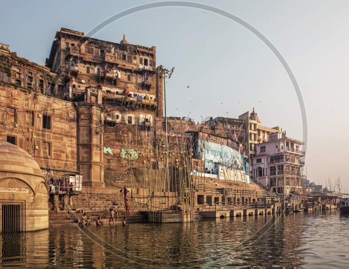 Varanasi, Uttar Pradesh, India. A View From River Ganges Of Old Historical Varanasi City