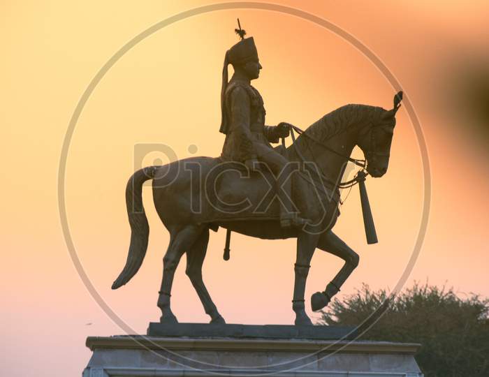 Madho Singh Statue With Horse Shot At Dusk Near Albert Hall In Jaipur A Landmark In The City And An Often Visited Spot