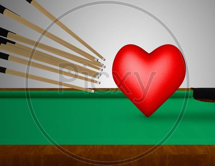 Many Cue Sticks Aiming To Hitting A Shiny Red Heart On A Pool Table. Cooperation Or Teamwork Or Partnership Or Healthcare Medical Or First Aid Or Need For Change Concept . 3D Illustration