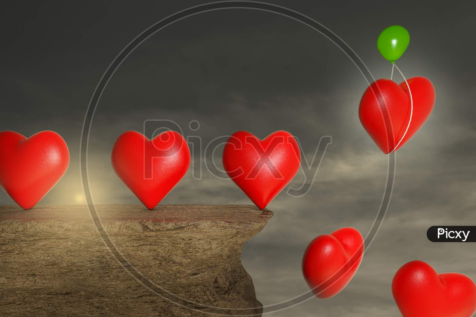 Red Heart On A Stone Cliff With A Green Balloon Help To Escape One Red Heart From Falling In A Sunset Day. Healthcare Medical Or First Aid Or Need For Change In Health Care Concept . 3D Illustration