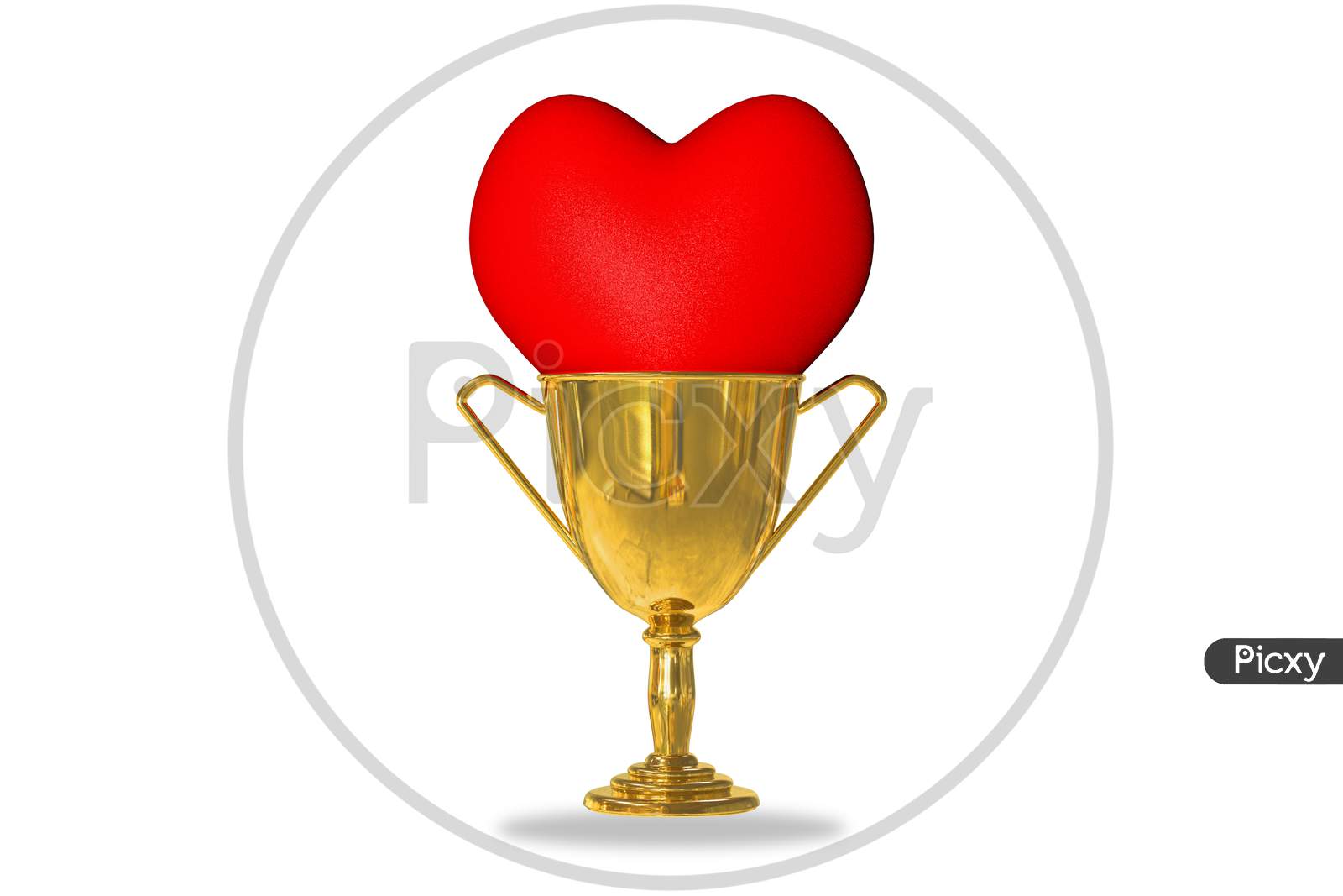 Golden Trophy Cup Isolated On White Background With Red Heart Inside. Healthcare Medical Or First Aid Or Power Or Confidence Or Ceremony Need For Change In Health Care And Win Concept. 3D Illustration