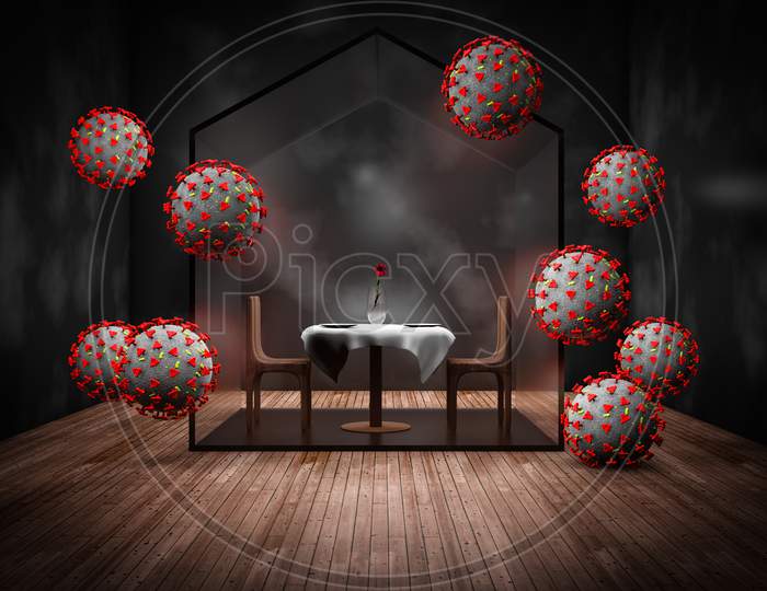 Restaurant Have A House Glass Table In It Protecting From Coronavirus Around It. Quarantine Greenhouses Or The Dinner Transformed Or Social Distancing Or The Scare Over Dining Out Concept. 3D Render