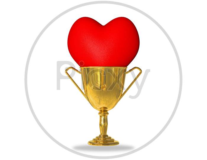 Golden Trophy Cup Isolated On White Background With Red Heart Inside. Healthcare Medical Or First Aid Or Power Or Confidence Or Ceremony Need For Change In Health Care And Win Concept. 3D Illustration