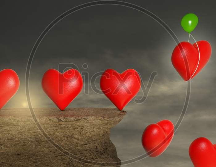 Red Heart On A Stone Cliff With A Green Balloon Help To Escape One Red Heart From Falling In A Sunset Day. Healthcare Medical Or First Aid Or Need For Change In Health Care Concept . 3D Illustration