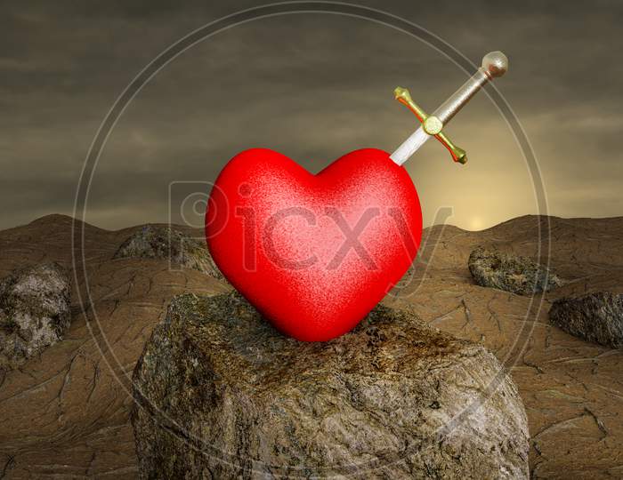 Excalibur In A Red Heart On Stone At Sunset Day. Healthcare Medical Or First Aid Or Need For Change In Health Care Or Offer Accessibility Or Significant Savings Concept . 3D Illustration