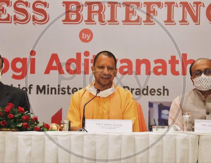 Uttar Pradesh Chief Minister Yogi Adityanath attends a press conference In Mumbai, India on December 2, 2020.