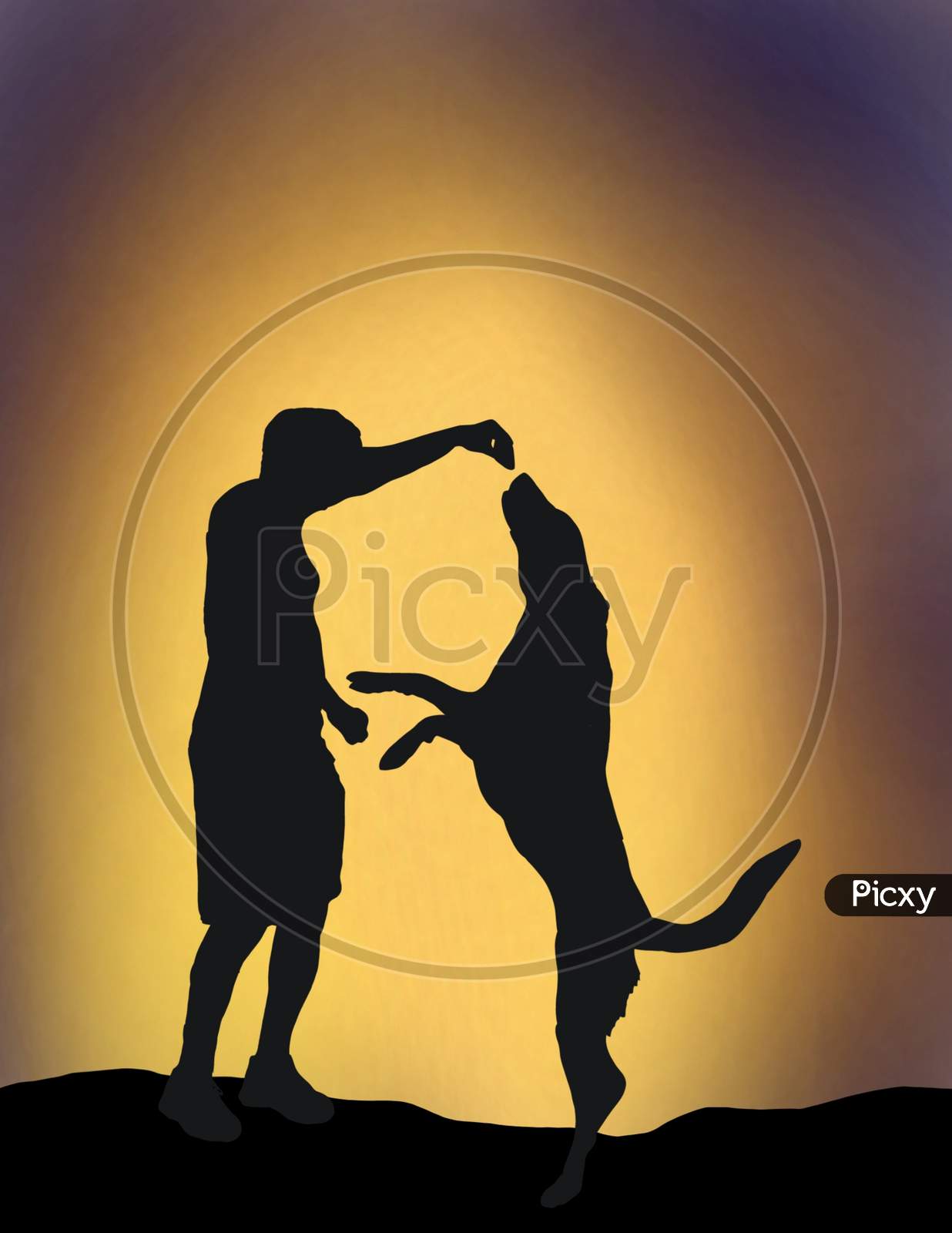 Illustrated Silhouette Of Man And Dog  .
