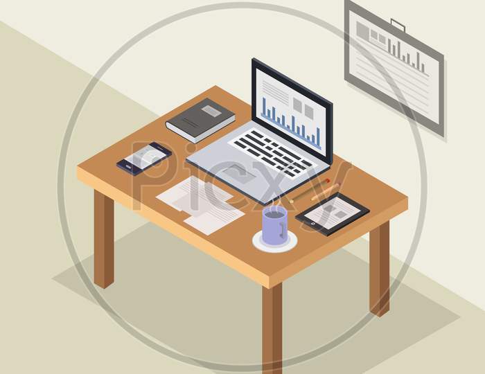 Office Desk Isometric Icon Illustrated In Vector On White Background