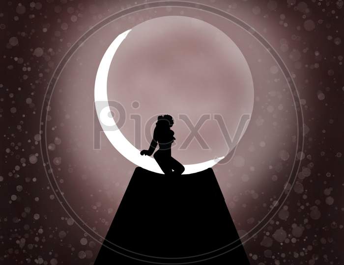 Abstract Silhouette Of Girl Sitting On Moon .