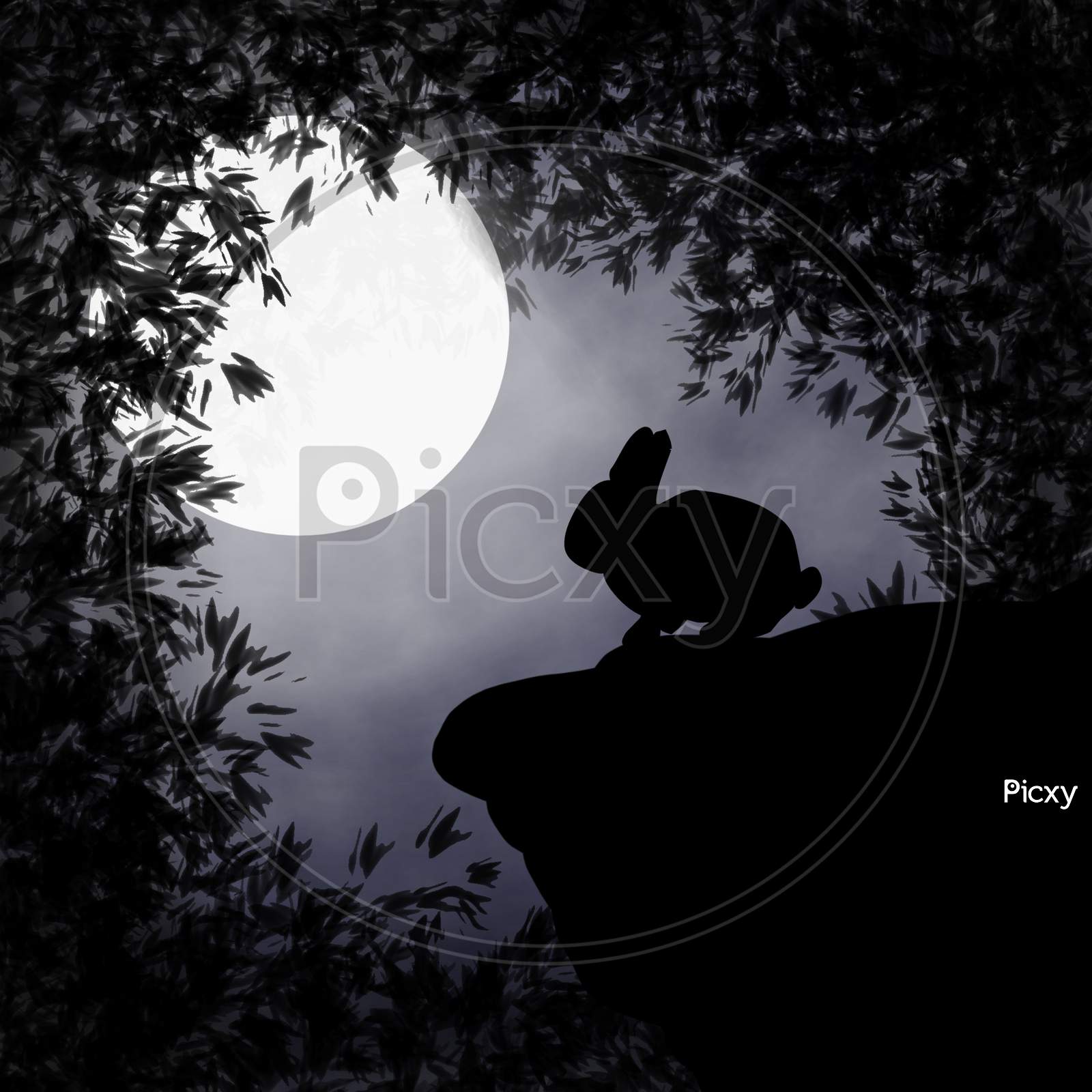 Illistrated Rabbit Silhouette On Beautifull Moon Light .