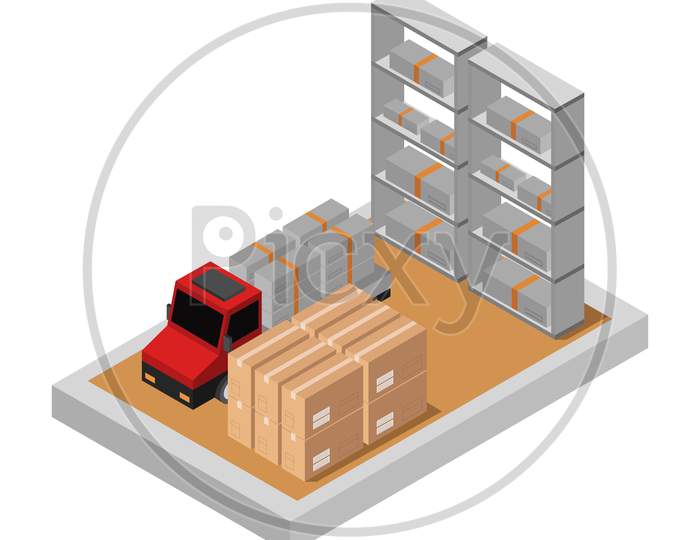 Isometric Warehouse Illustrated In Vector On A White Background