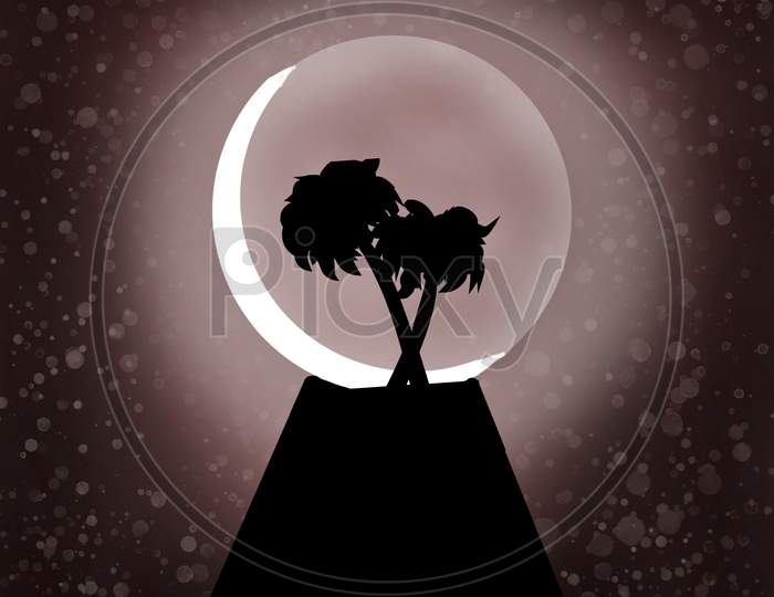 Illustrated Silhouette Of Coconut Tree On Moon Night.