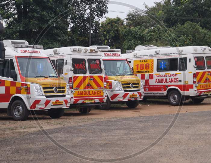 Thrissur, Kerala, India - 12-02-2020: Group Of Special Ambulance For Covid 19 Patients In Kerala. The National Health Mission (Nhm) Was In Charge Of The 108 Ambulance.