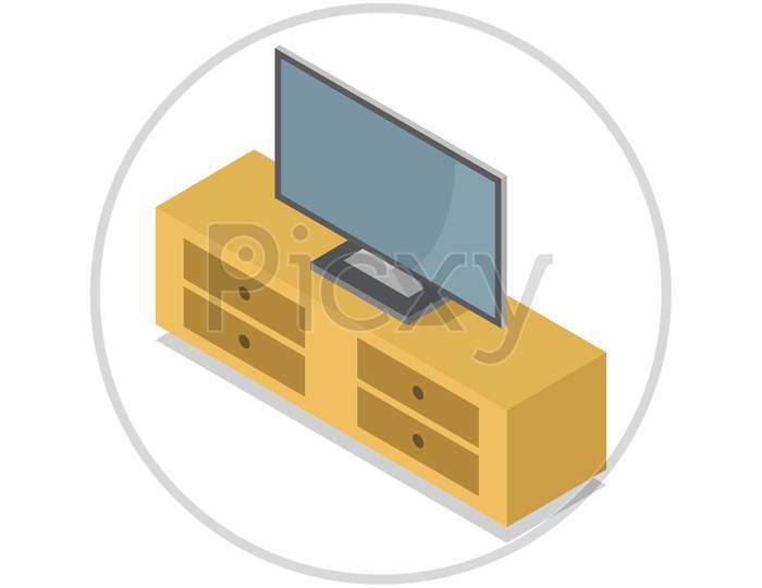 Room With Isometric Tv Illustrated In Vector On A White Background