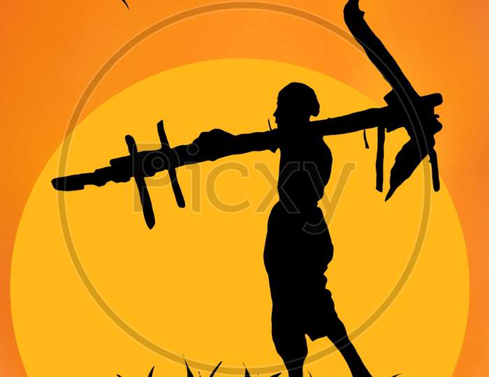 Illustrated Silhouette Of  Former Holding Plow On His Solder  On  Beautifull Sunset .